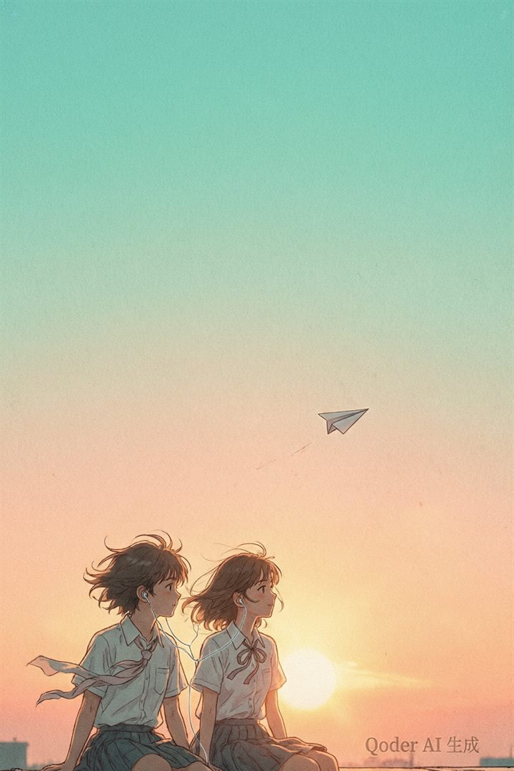 校园甜宠漫剧《糖水铺的夏天》主视觉：天台共享耳机